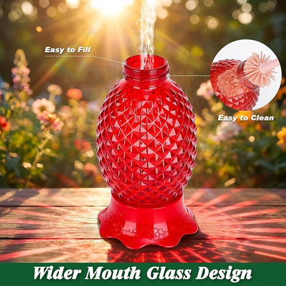 Fchstaer Glass Hummingbird Feeders for Outdoors Hanging 16oz 1 Pack Red Pineapple Bee & Ant Proof 360°Perch Leakproof Easy Clean with 6 Feeding Ports Gifts for Mom