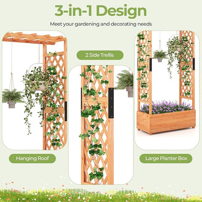 ORALNER Raised Garden Bed with Trellis, Wooden Planter Box with Climbing Frame, Outdoor Elevated Garden Box for Vegetables, Herbs, Flowers, Fruits (Medium)