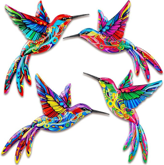 ULENDIS 4 Pack Metal Hummingbird Wall Art Decor, 3D Colorful Outdoor Wall Art Fence Decorations for Patio and Yard, Wall Sculpture Hanging Decor for Garden Living Room Balcony (C)