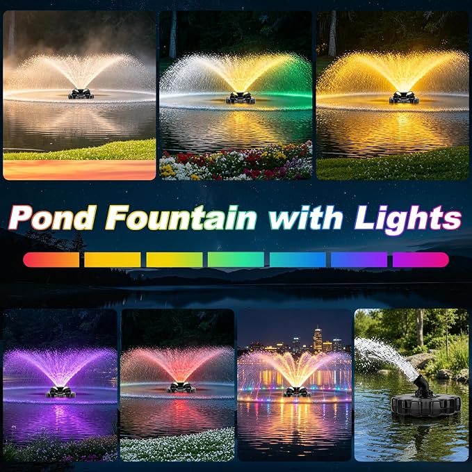 Pond Fountain Aerator, with 4 RGB Lights 1HP 110V 15000 GPH Pond Fountain Pump with Lights, Fully Automatic Lake Floating Fountain, 100 FT Power Cord, Pond Fountains for Large Ponds Lake
