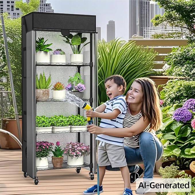 Small Greenhouse for Indoors, 5 Tier 23.1" L×13.2" W×61.2" H | adjustable shelves，Portable Greenhouse with Wheels，for Growing Flowers and Seedlings