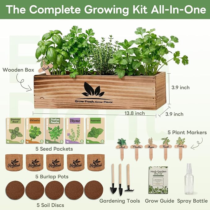 Indoor Herb Garden Starter Kit, Unique Gifts 5 Herb Garden Planter Indoor Kit with Wooden Box Including Basil, Cilantro, Thyme, Parsley, Mint, Fresh Herb Garden, Gardening Gifts for Women