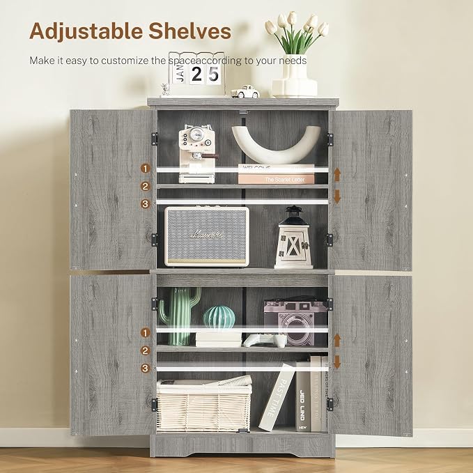 TEENFON Farmhouse Storage Cabinet with 2 Adjustable Shelves, Bathroom Cabinet with 4 Doors, Cupboard for Kitchen, Living Room, Rustic Gray