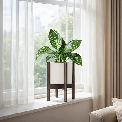 D'vine Dev Plastic Pot with Walnut Wood Stand, Oatmeal, 8 in, 55-C-I-4 | Mid-Century Inspired Design, Elevated Plant Display, Clean Lines, Sturdy Support, Modern Space-Saving Style