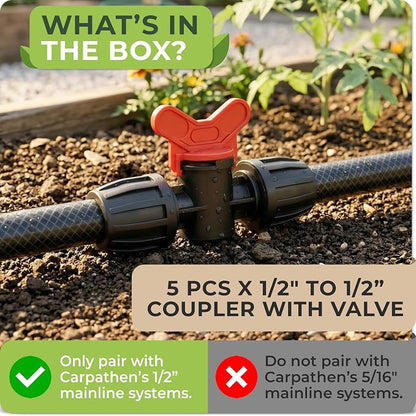 Carpathen Drip Irrigation Parts - 5PCS 1/2 to 1/2 inch Couplers With On/Off Valve for Drip Irrigation Systems - Leak Free Coupling Connectors for 1/2" Tubing