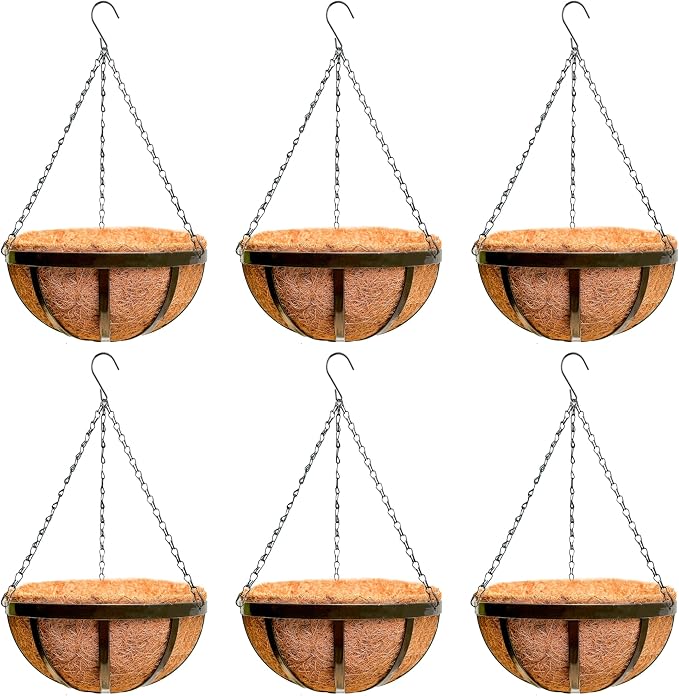 LaLaGreen Outdoor Hanging Baskets for Plants (14 Inch, 6 Pack) Large Black Hanging Planters with Coco Liner, Flat Iron Round Plant Metal Flower Pots for Deck Patio Porch Garden Balcony Outside Decor