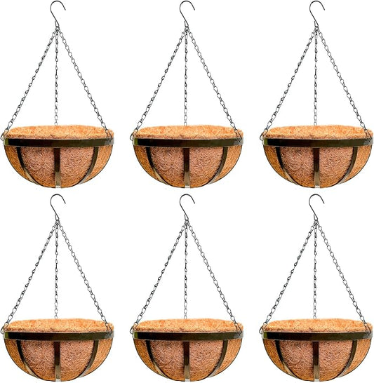 LaLaGreen Outdoor Hanging Baskets for Plants (14 Inch, 6 Pack) Large Black Hanging Planters with Coco Liner, Flat Iron Round Plant Metal Flower Pots for Deck Patio Porch Garden Balcony Outside Decor