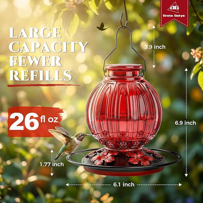 2 Pack Glass Hummingbird Feeder for Outdoors Hanging, Bird Nectar Feeder with Perch & 5 Flower Feeding Ports, 26 Oz Leak Proof for Outside Garden Decor Backyard, Gifts for Women Mom, Red + Pink