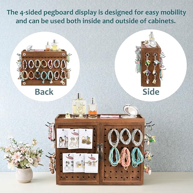 Ikee Design Wooden Pegboard Tool Organizer Box with Doors Wall Mount or Benchtop Jewelry Tool Storage with 40 Hooks & Bur Holders, Workshop Garage Craft Organizer Cabinet, Brown