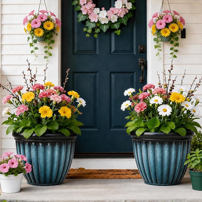 15" Large Flower Pots Set of 2 Plastic Planters for Outdoor Plants | Plant Pot with 3D Textures, Gradient Teal Blue Glaze, Weather-Resistant for Porch, Garden, Patio or Indoor Use