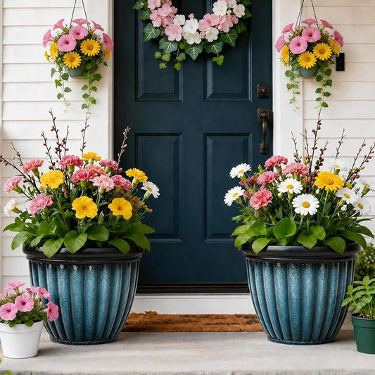 15" Large Flower Pots Set of 2 Plastic Planters for Outdoor Plants | Plant Pot with 3D Textures, Gradient Teal Blue Glaze, Weather-Resistant for Porch, Garden, Patio or Indoor Use