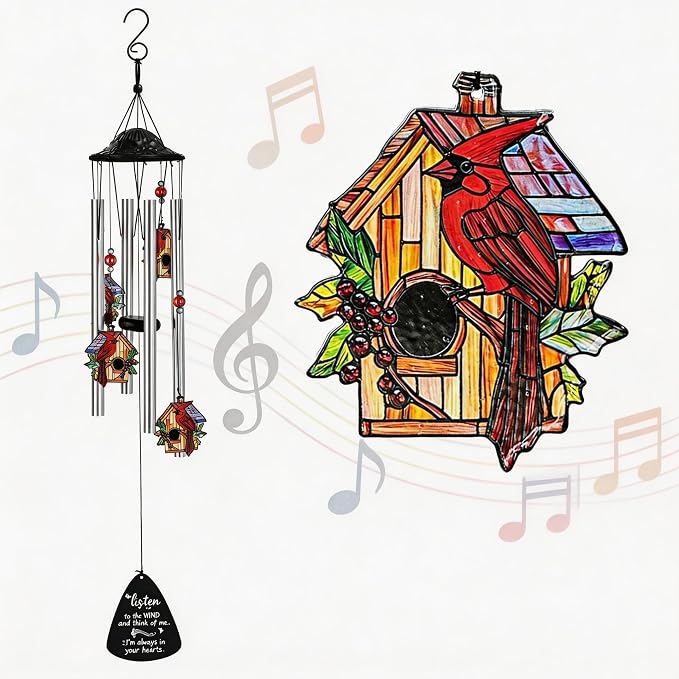 34'' Large Cardinal Red Bird Wind Chimes for Outside Garden Patio Decor | Memorial Wind Chimes Outdoor;Red Bird Windchime,Cardinal Gifts,Sympathy Gifts for Loss of Loved One,Aluminum Tube,with S hook