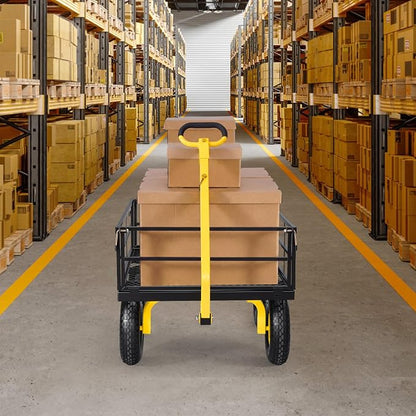 VEVOR Steel Garden Cart, 1200 lbs Heavy Duty Pullable Garden Wagon Yard Cart, 2 in 1 Outdoor Metal Utility Wagon Yard Trailer with 13" All Terrain Tires, Mesh Detachable Sides and 180° Rotating Handle