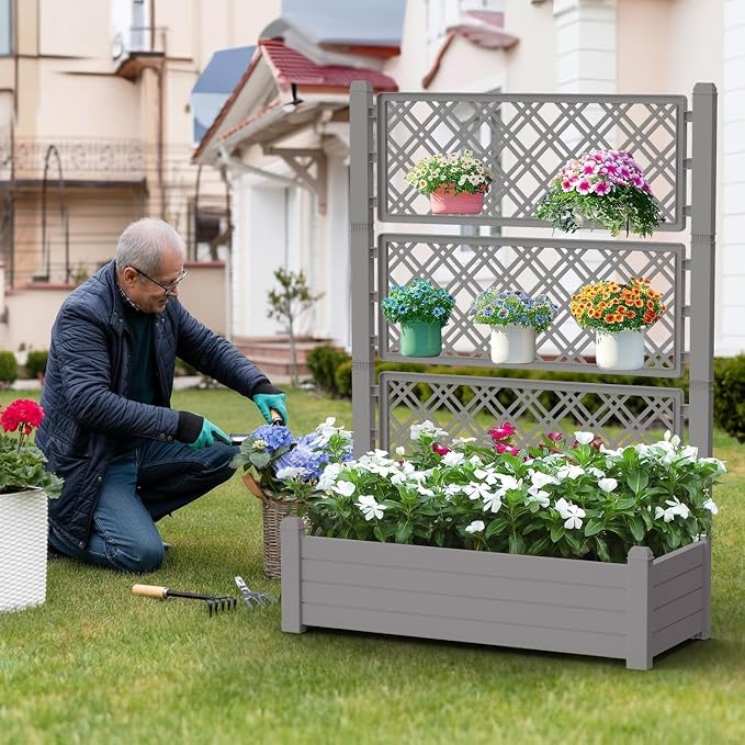 PatioZen Raised Garden Bed with Trellis for Climbing Plants, 43.43" L x 18.27" W x 59.29" H Self Watering Planter Box with Drainage Holes for Outdoor Backyard Patio Balcony, Anti-Rust Resin (Grey)