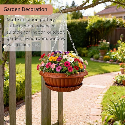 summer flower 3 Pack Large Hanging Planters 12.59in Plastic Plant Pots with Drainage Holes & Trays for Indoor Outdoor Garden Wall Window Decor (Red)