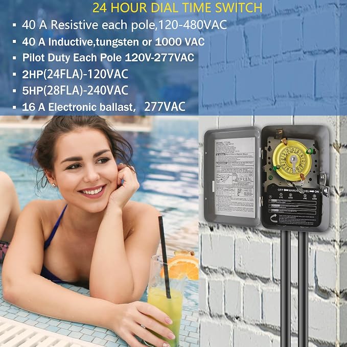 T104 Mechanical Timer Switch, 208–277 VAC 40 Amp,Pool Pump Switch, 24 Hour 12 ON/Off for Pump, Heavy Duty Pool Timers, Timer for Lights HVAC Systems, 5 Years Warranty