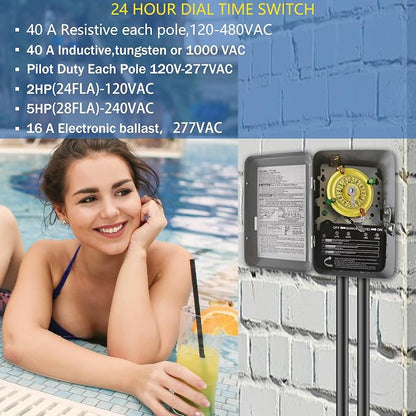 T104 Mechanical Timer Switch, 208–277 VAC 40 Amp,Pool Pump Switch, 24 Hour 12 ON/Off for Pump, Heavy Duty Pool Timers, Timer for Lights HVAC Systems, 5 Years Warranty