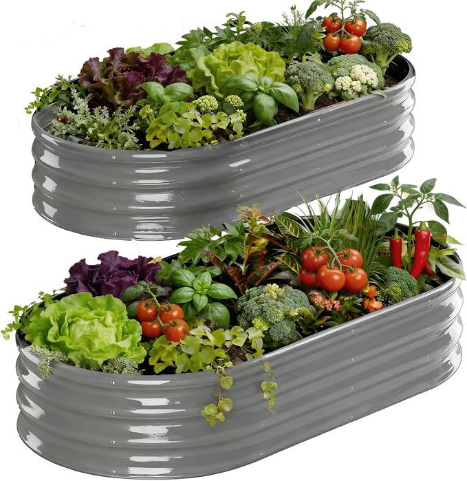 Rakukiri Raised Garden Bed Outdoor, GRS Certified Recycled Metal Planter Box 2 Sets, 4FT Galvanized Oval Herb Garden Kit, Bottomless Large Garden Beds for Vegetables Flowers, Rust-Resistant Gray