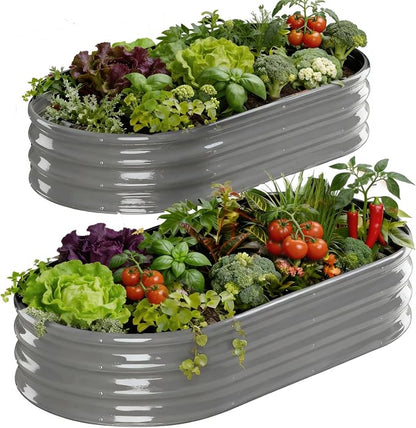 Rakukiri Raised Garden Bed Outdoor, GRS Certified Recycled Metal Planter Box 2 Sets, 4FT Galvanized Oval Herb Garden Kit, Bottomless Large Garden Beds for Vegetables Flowers, Rust-Resistant Gray