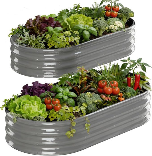 Rakukiri Raised Garden Bed Outdoor, GRS Certified Recycled Metal Planter Box 2 Sets, 4FT Galvanized Oval Herb Garden Kit, Bottomless Large Garden Beds for Vegetables Flowers, Rust-Resistant Gray