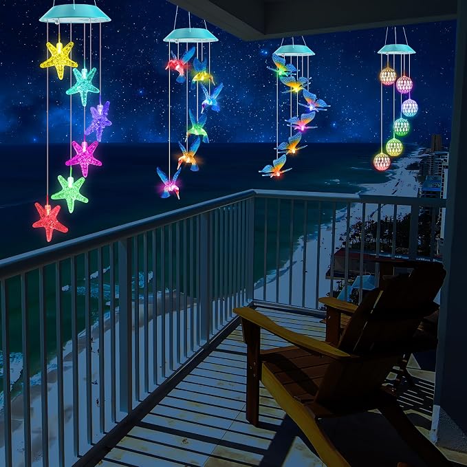 Solar Starfish Gift for Mom Grandma Girls, Colorful Solar Wind Chimes for Outside, Outdoor Decorative Mobile Lights for Garden, Yard, Patio, Window, Party, Outdoor Decorations