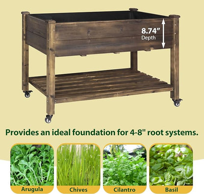 Yardenaler 48x24x33in Raised Garden Bed Featuring Legs, Outdoor Elevated Wood Planted Box Equipped with Wheels & Shelf for Vegetable Flower, Backyard and Patio, Rustic