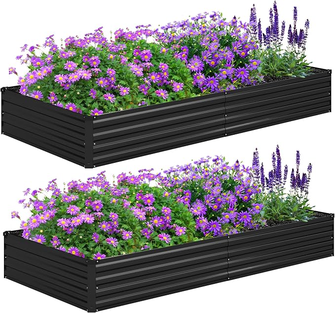 Foxlang 8x4x1ft(2 PCS) Galvanized Raised Garden Bed,Outdoor Planter Box Metal Patio Kit Planting Bed for Vegetables Flowers Herb,Black