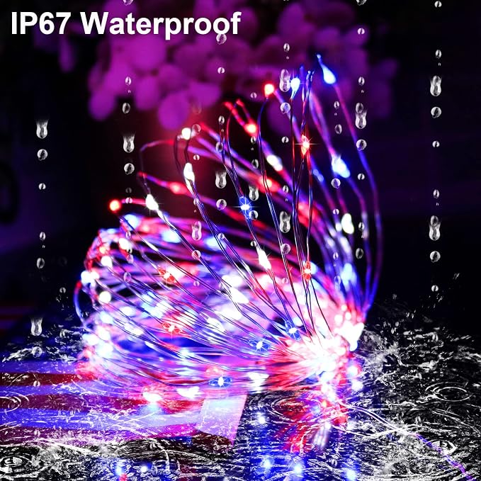 4th of July Patriotic Decorations, Red White Blue Solar Fairy String Lights Outdoor Waterproof, 2Pack Total 200LED 66Ft, IP67 8 Modes Outside for Memorial Day, Garden, Patio, Yard