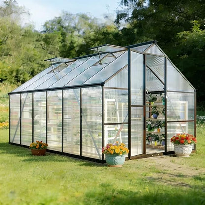 8x12 FT Greenhouse for Outdoors, Polycarbonate Greenhouse with Quick Setup Structure and Roof Vent, Aluminum Large Walk-in Green House for Outside Garden Backyard, Charcoal Black