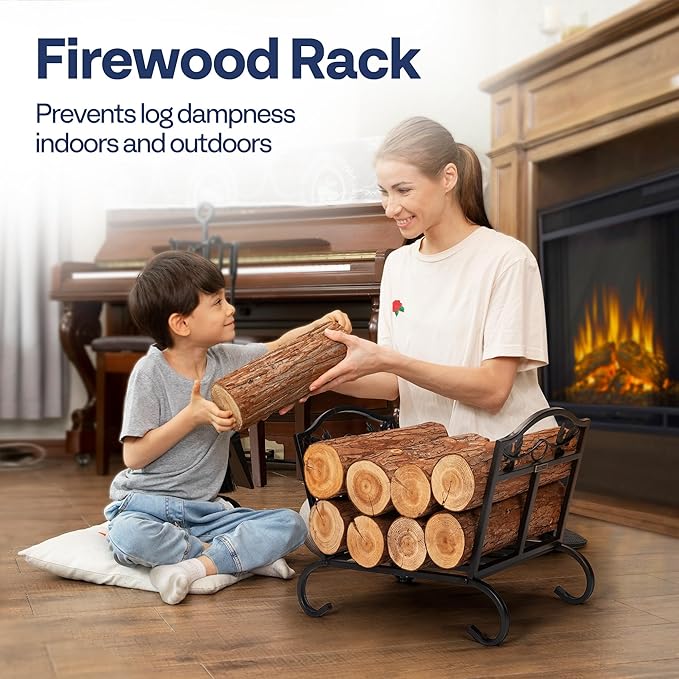 VIVOHOME 21.5 Inches Folding Firewood Storage Log Rack with Decorative Leaf Pattern and Detachable Arched Feet Wrought Iron Wood Holder Stacker Black