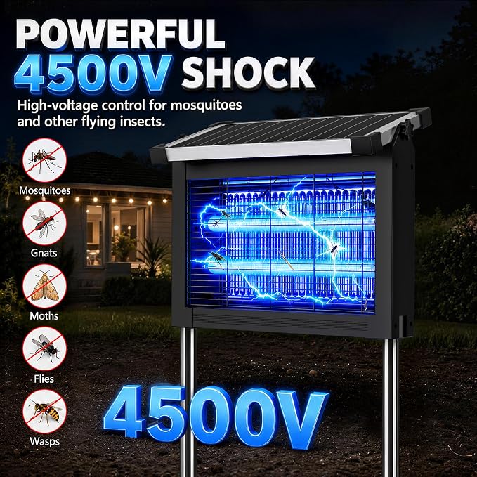 Zechuan Solar Bug Zapper Outdoor, Cordless Rechargeable Mosquito Killer | IP66 Waterproof Fly Zapper, 4500V Grid, Auto/Manual Mode, Cordless with Projection Light, Cord & Chain for Patio Camping RV