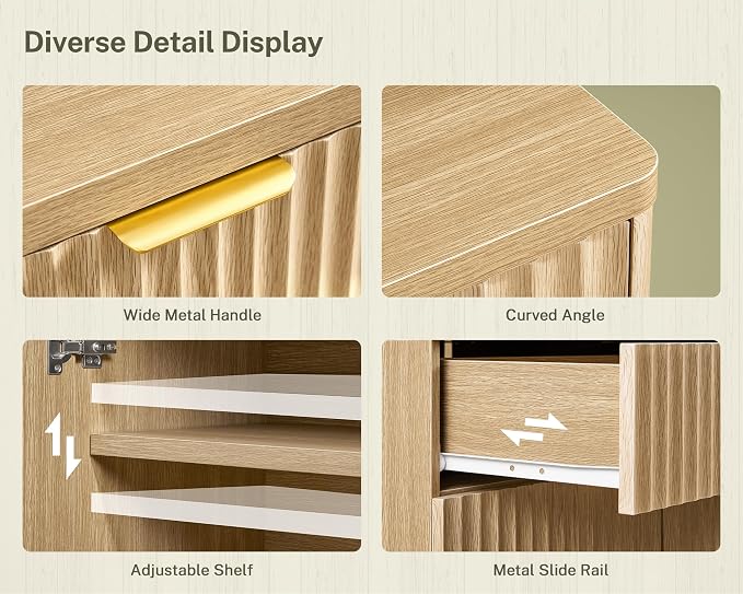 TEENFON 63" Fluted Buffet Sideboard Cabinet with Storage, Buffet Table Coffee Bar Wine Bar Storage Cabinet with Adjustable Shelf for Living Room, Kitchen, Natural