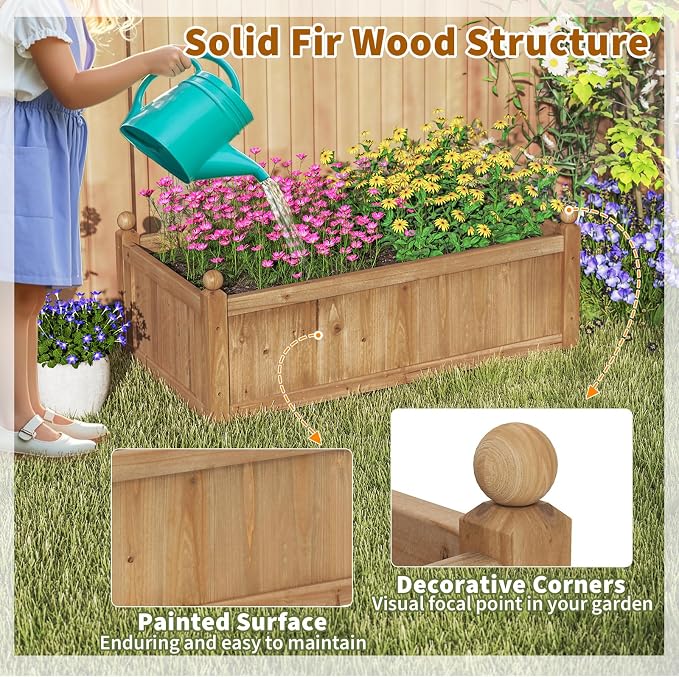 HAPPYGRILL Wood Raised Garden Bed, 46” x 24” x 16” Rectangular Flower Box w/Drainage Holes for Growing Vegetables, Flowers, Herbs, Outdoor Planter Box for Backyard Garden Lawn