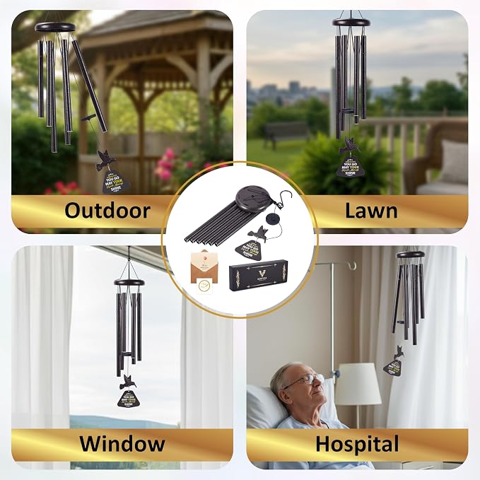 Wind Chimes for Outside – Memorial Wind Chimes 32" for Loss of Loved One with Hummingbird Spinner, Bereavement & Sympathy Gift, Soothing Tones, Bronze Finish
