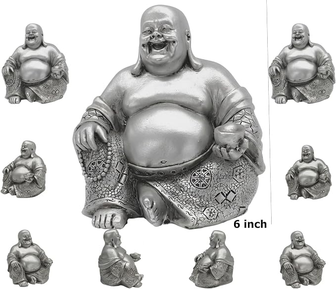 Bellaa Laughing Buddha Statue - 6 Inch Feng Shui Happy Monk Budai Hotei Figurine for Wealth, Luck & Happiness - Chinese Buddhist Zen Decor Silver Finish Resin 25761