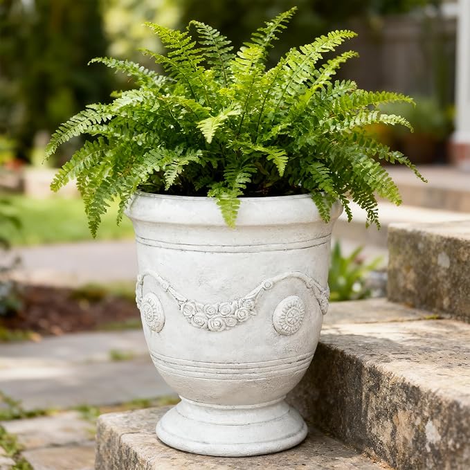 Planters for Indoor & Outdoor Plants, 16.5 Inch Large Magnesium Oxide Urn Planter with Drainage Hole, Decorative Unique Garden Plant Pots for Front Porch & Home Decor, Lightweight, White