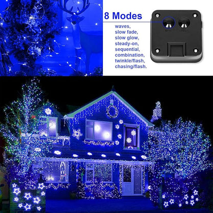 Blue Solar Christmas String Lights Outdoor Waterproof, 2Pack Total 200Led 66Ft 8 Modes Copper Fairy Lights for Halloween Garden, Patio, Fence, Balcony, Outdoors