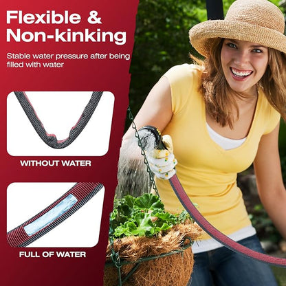 Flexible & Lightweight Garden Hose - 2026 Upgrade Non-Expanding Hose with Latex Core, Heavy-Duty & Kink-Free Design for High Pressure - Outdoor Yard, RV, Car Washing (Gray/Red, 15 FT)