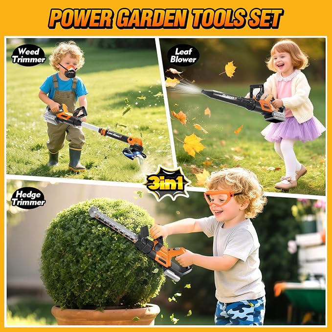 Kids Tool Set, 3-IN-1 Toddler Power Garden Tools with Lights and Sounds, Toy Weed Wacker, Toy Leaf Blower, Hedge Trimmer, Yard Tools Outdoor toys for Boys, Birthday Gifts for Kids Ages 3 4 5 6 7 8+