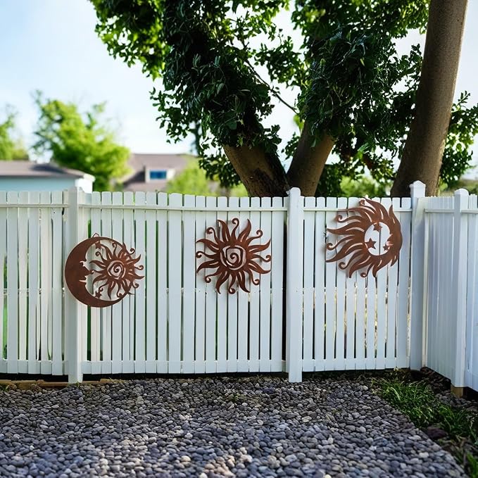 VividLadybug Set of 3 Rust Colored Sun Moon Metal Wall Art, Rust Proof Indoor Outdoor Farmhouse Patio Bedroom Decor