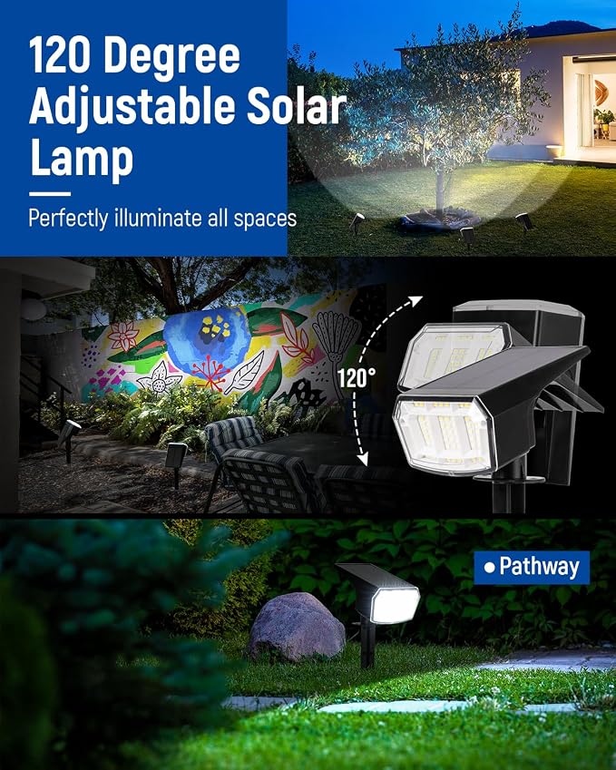 AUDERWIN Solar Lights Outdoor Waterproof IP65, 63 LED 3 Lighting Modes Solar Powered Yard Garden Spot Lights for Outside Landscape- 3 Pack (Cool White)