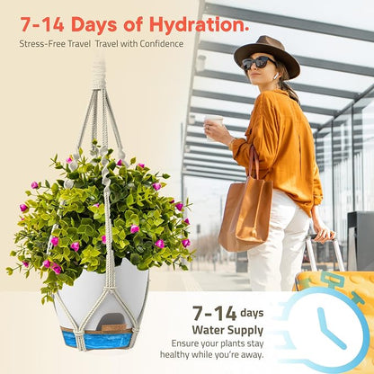 White Hanging Self Watering Pots with Macrame Ivory Rope, 3 Pack Indoor & Outdoor Hanging Plant Pots with Built-in Reservoir, Wick Rope, Drainage Holes & Hooks, Stylish Boho Decor Hanging Planter