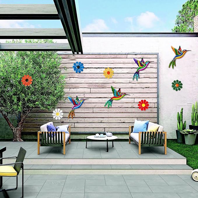 Tsilin Garden Decor Set With 4 Pcs Metal Hummingbirds 6 Pcs Metal Flowers Statues Wall Decor Sunflower Hanging Ornament for Home Bedroom Outdoor Backyard Porch Patio Fence Decorations