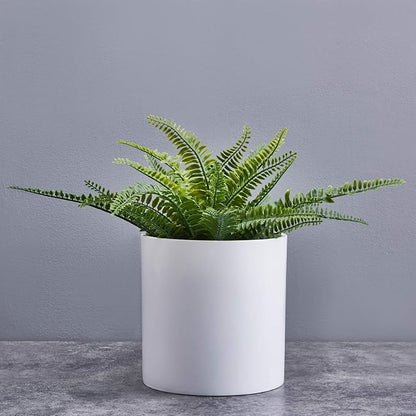 FaithLand 8 Inch Fiberstone Planter - Lightweight Modern Cylinder Plant Pot with Drainage Hole & Plug, Indoor Outdoor Use, Matte White