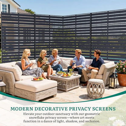 Privacy Screen Outdoor, 72"x44" Room Divider 5-Panel, Freestanding | Slatted Steel Privacy Fence with Ground Stakes, Weatherproof Divider for Balcony, Patio, Deck & Yard