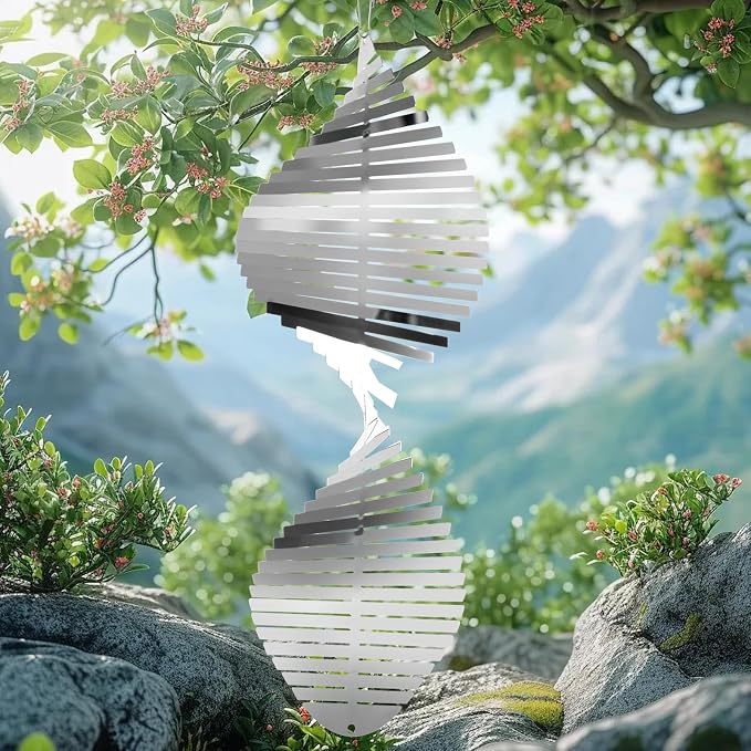Stainless Steel Wind Spinners Outdoor Garden Decor, Gifts for Women Mom,3D Metal Reflective Bird Devices Deterrent to Keep Scare Woodpecker Pigeon Away Outside Patio Yard House (Silver Spiral,10 Inch)