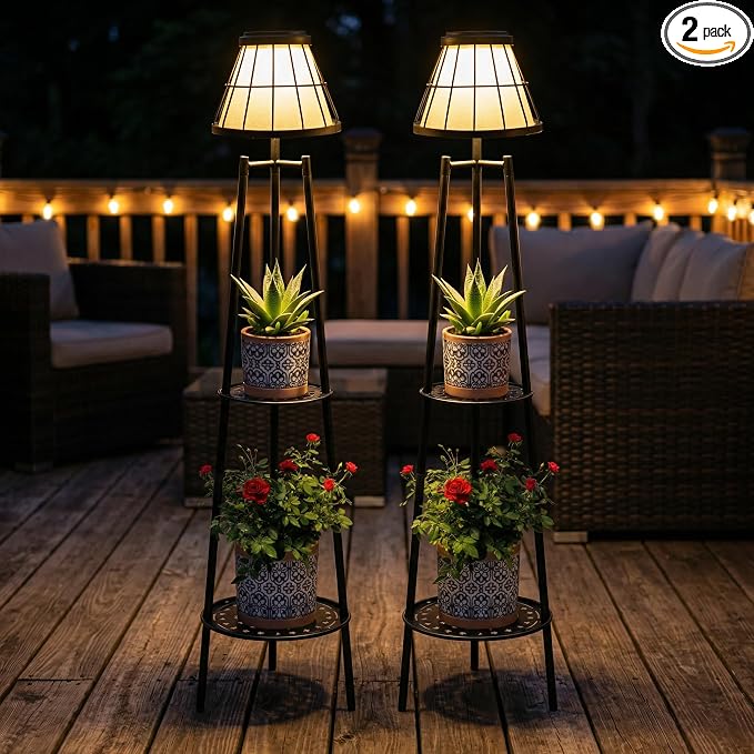 2 Pack Solar Floor Lamps Outdoor with 2-Tier Plant Stand, Metal Tall Planter Holder with Waterproof LED Lantern, Decorative Patio Light & Flower Pot Display Rack for Garden, Deck, Porch, Balcony