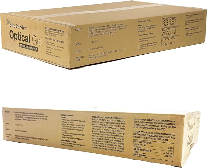 Bird Barrier Optical Gel Bird Deterrent – 200 Pack All-Natural Bird Gel – Deters Most Species Including Pigeons, Woodpeckers, Gulls, Crows, Starlings – Ideal for Ledges, Balconies, Signs, Equipment
