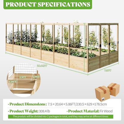 PaPaJet Wooden Raised Garden Bed for Outdoor, Deep Large Planter Box with Netting for Gardening, Vegetables, Flowers, Herbs（7.5× 20.6× 5.9FT）