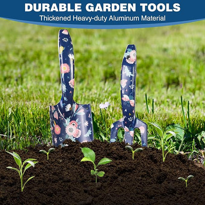 WORKPRO Aluminum Garden Tool Set, 4PCS Heavy Duty Hand Garden Tools with Box Include Trowel, Rake, Pruner, Garden Gloves, Floral and Insect Printing, Garden Gifts